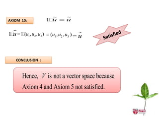 AXIOM 10:               1
                          u         
                                    u


1 1(u1 , u2 , u3 )
  u                      (u1 , u2 , u3 )   
                                           u


    CONCLUSION :



        Hence, V is not a vector space because
        Axiom 4 and Axiom 5 not satisfied.
 