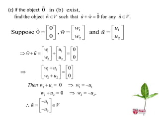 
(c) If the object 0 in (b) exist,
                                            
    find the object w V such that u w 0 for any u V .

                   0               w1               u1
 Suppose 0               
                        ,w                       
                                             and u
                    0               w2               u2

               w1       u1          0
        
       w u
               w2       u2          0

               w1 u1            0
               w2 u2            0
        Then w1 u1          0           w1   u1
             w2 u2          0           w2    u2 .
               u1
         
         w              V
               u2
 