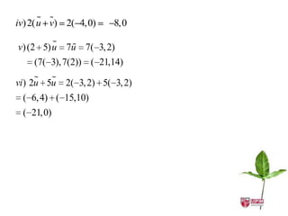  
iv) 2( u v) 2( 4,0)    8,0

           
v) (2 5) u 7u 7( 3, 2)
    (7( 3),7(2)) ( 21,14)
       
vi ) 2u 5u 2( 3, 2) 5( 3, 2)
   ( 6, 4) ( 15,10)
   ( 21,0)
 