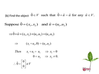 
(b) Find the object 0                   
                            V such that 0               
                                                        u               
                                                               u for any u   V.

        
Suppose 0         ( x1 , x2 )            
                                     and u        (u1 , u2 )

      
     0 u ( x1, x2 ) (u1, u2 ) (u1, u2 )

                  ( x1 u1 , 0)       (u1 , u2 )

       Then       x1 u1         u1           x1   0
                        0       u2           x2   0.

             0
        0           V
              0
 