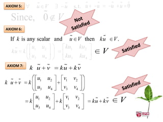 AXIOM 5:       
               u V           
                             u          
                                   s.t. u    
                                             u      
                                                    u    
                                                        u 0
          V
  Since, 0
AXIOM 6:

                                  
  If k is any scalar and u V then ku V .
     k u1 u2           ku1 ku2
   ku
            u3 u4
                                   V
                        ku3 ku4
AXIOM 7:     
           k u      
                    v     
                         ku         
                                   kv

             u1   u2       v1    v2
k u v      k
               u3   u4       v3    v4
               u1   u2        v1   v2          
           k             k                  ku kv       V
               u3   u4        v3    v4
 