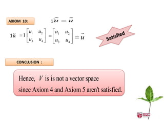 AXIOM 10:               
                      11 u    
                              u

            u1   u2     u1   u2
1
  u    1                         
                                  u
            u3   u4     u3   u4


   CONCLUSION :



      Hence, V is is not a vector space
      since Axiom 4 and Axiom 5 aren't satisfied.
 