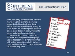 The Instructional Plan
# 9
What frequently happens is that students
may test well on elements they were
taught, but fail to actually use those
elements in their speaking and writing. In
other words, the knowledge that students
gain in class does not readily transfer to
usage and overall communicative
competence. High test scores do not
correlate with competence in language
use and assessment is more concerned
with testing students on what they have
been taught rather than on what language
capabilities they have.
 