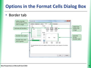 Options in the Format Cells Dialog Box
                                           XP


      • Border tab




New Perspectives on Microsoft Excel 2010        22
 