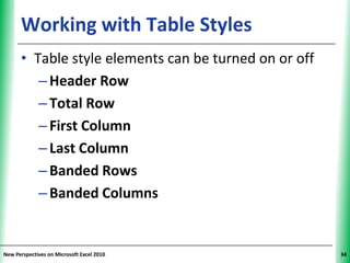 Working with Table Styles                        XP


      • Table style elements can be turned on or off
         – Header Row
         – Total Row
         – First Column
         – Last Column
         – Banded Rows
         – Banded Columns


New Perspectives on Microsoft Excel 2010                    34
 