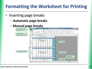 Formatting the Worksheet for Printing
                                          XP


      • Inserting page breaks
             – Automatic page breaks
             – Manual page breaks




New Perspectives on Microsoft Excel 2010       43
 