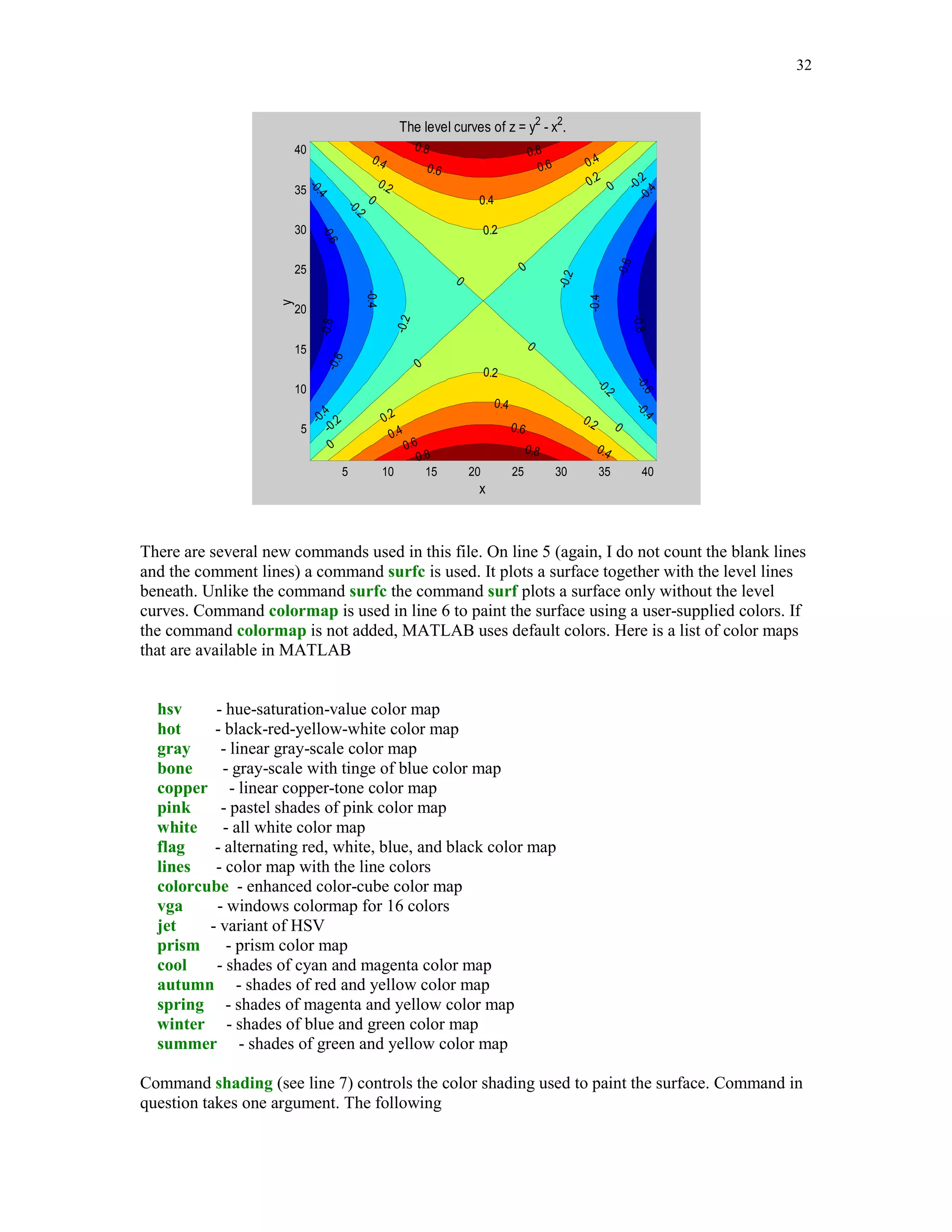25



                     1

                   0.8

                   0.6

                   0.4

                   0.2

                     0

                   -0.2

                   -0.4

                   -0.6

                   -0.8

                    -1
                      -1          -0.5           0              0.5         1




Another important MATLAB function used in the file under discussion is named get
(see line 10). It takes as the first input parameter a variable named gca = get current axis. It
should be obvious to you, that the axis targeted by this function is the x-axis. Variable
h = get(gca, … ) is the graphics handle of this axis. With the information stored in variable h,
we change the font size associated with the x-axis using the 'FontSize' string followed by a size
of the font we wish to use. Invoking function set in line 12, we will change the tick marks along
the x-axis using the 'XTick' string followed by the array describing distribution of marks. You
can comment out temporarily line 12 by adding the percent sign % before the word set to see the
difference between the default tick marks and the marks generated by the command in line 12.
When you are done delete the percent sign you typed in line 12 and click on Save from the File
menu in the MATLAB Editor/Debugger. Finally, you can also make changes in the title of your
plot. For instance, you can choose the font size used in the title. This is accomplished here by
using function set. It should be obvious from the short discussion presented here that two
MATLAB functions get and set are of great importance in manipulating graphs.

Graphs of the ellipses in question are shown on the next page

graph3
 