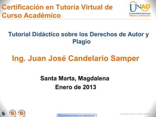 Certificación en Tutoría Virtual de
Curso Académico

  Tutorial Didáctico sobre los Derechos de Autor y
                        Plagio

   Ing. Juan José Candelario Samper

            Santa Marta, Magdalena
                 Enero de 2013



                                        FI-GQ-GCMU-004-015 V. 000-27-08-2011
 