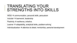 TRANSLATING YOUR
STRENGTHS INTO SKILLS
WOO  communication, personal skills, persuasion
Includer  teamwork, leadership
Positivity  resilience, initiative
Learner  adaptability, analytical skills, problem-solving
Individualization  attention to detail, mentorship, personal development
 