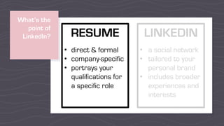What’s the
point of
LinkedIn? LINKEDIN
• a social network
• tailored to your
personal brand
• includes broader
experiences and
interests
RESUME
• direct & formal
• company-specific
• portrays your
qualifications for
a specific role
 