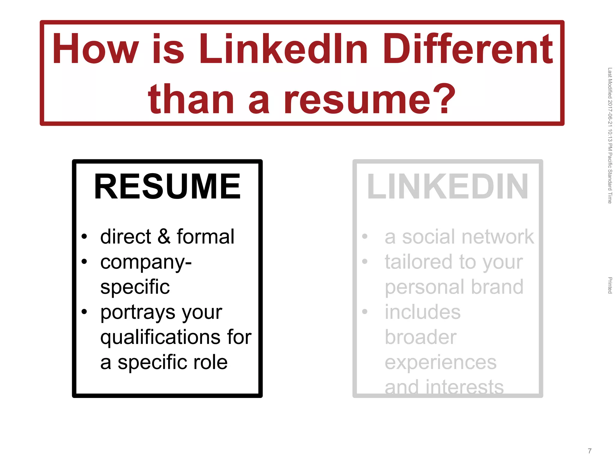 LastModified2017-06-2110:13PMPacificStandardTimePrinted
7
RESUME
• direct & formal
• company-
specific
• portrays your
qualifications for
a specific role
LINKEDIN
• a social network
• tailored to your
personal brand
• includes
broader
experiences
and interests
How is LinkedIn Different
than a resume?
 