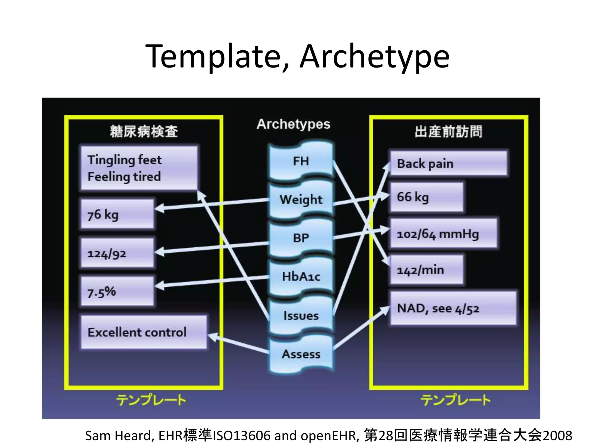 Template, Archetype
Sam Heard, EHR標準ISO13606 and openEHR, 第28回医療情報学連合大会2008
 