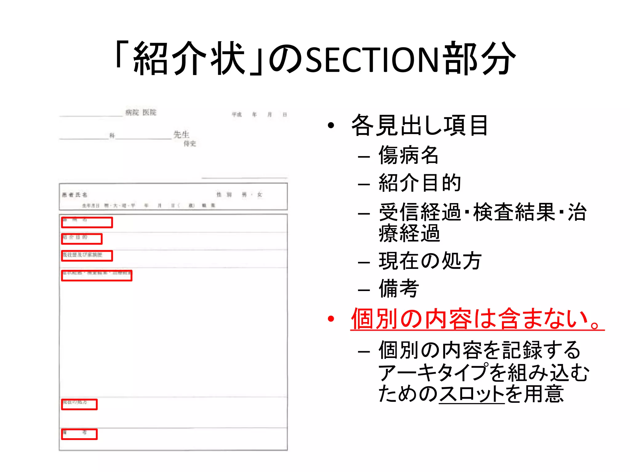 「紹介状」のSECTION部分
• 各見出し項目
– 傷病名
– 紹介目的
– 受信経過・検査結果・治
療経過
– 現在の処方
– 備考
• 個別の内容は含まない。
– 個別の内容を記録する
アーキタイプを組み込む
ためのスロットを用意
 