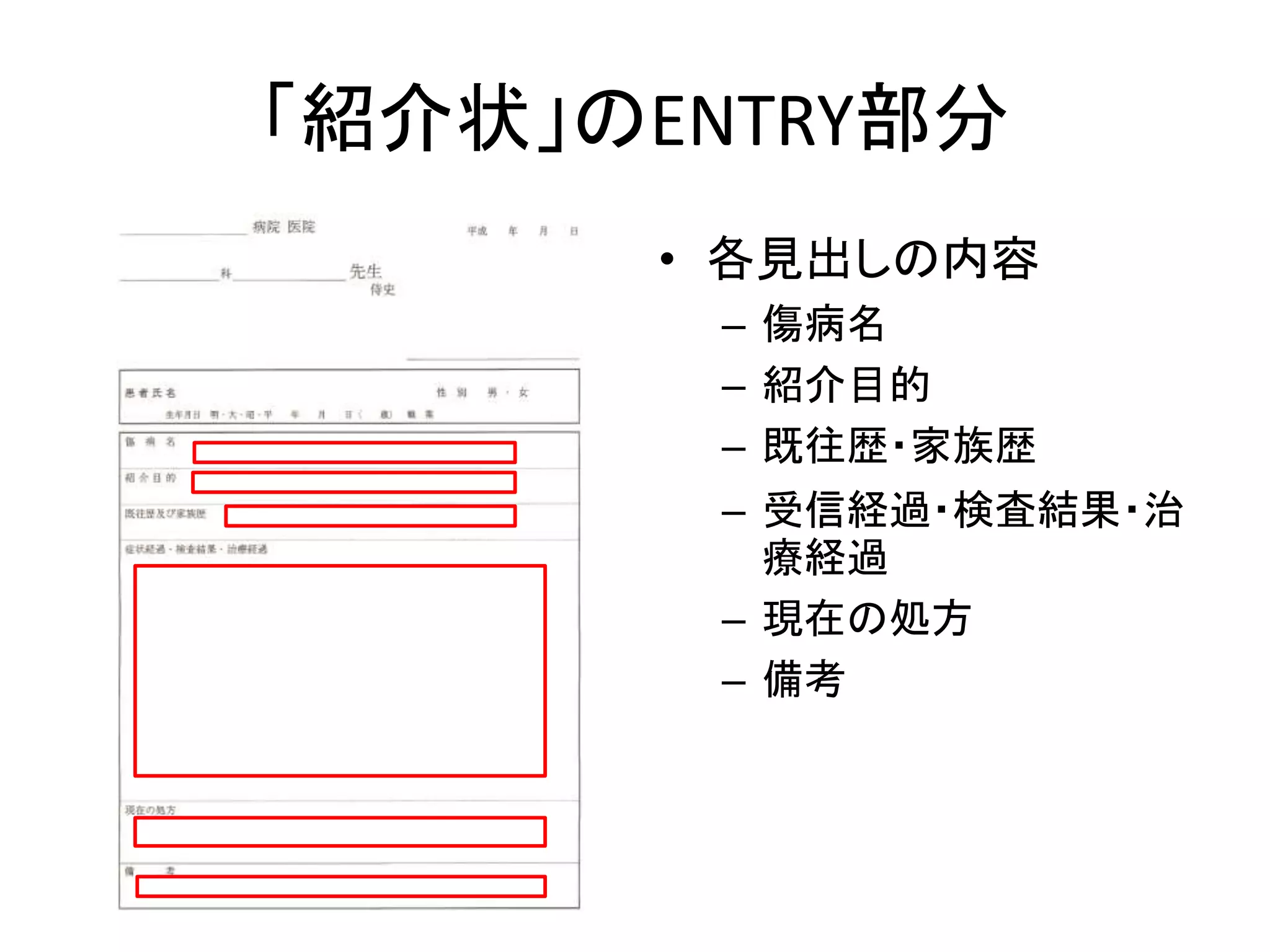 「紹介状」のENTRY部分
• 各見出しの内容
– 傷病名
– 紹介目的
– 既往歴・家族歴
– 受信経過・検査結果・治
療経過
– 現在の処方
– 備考
 