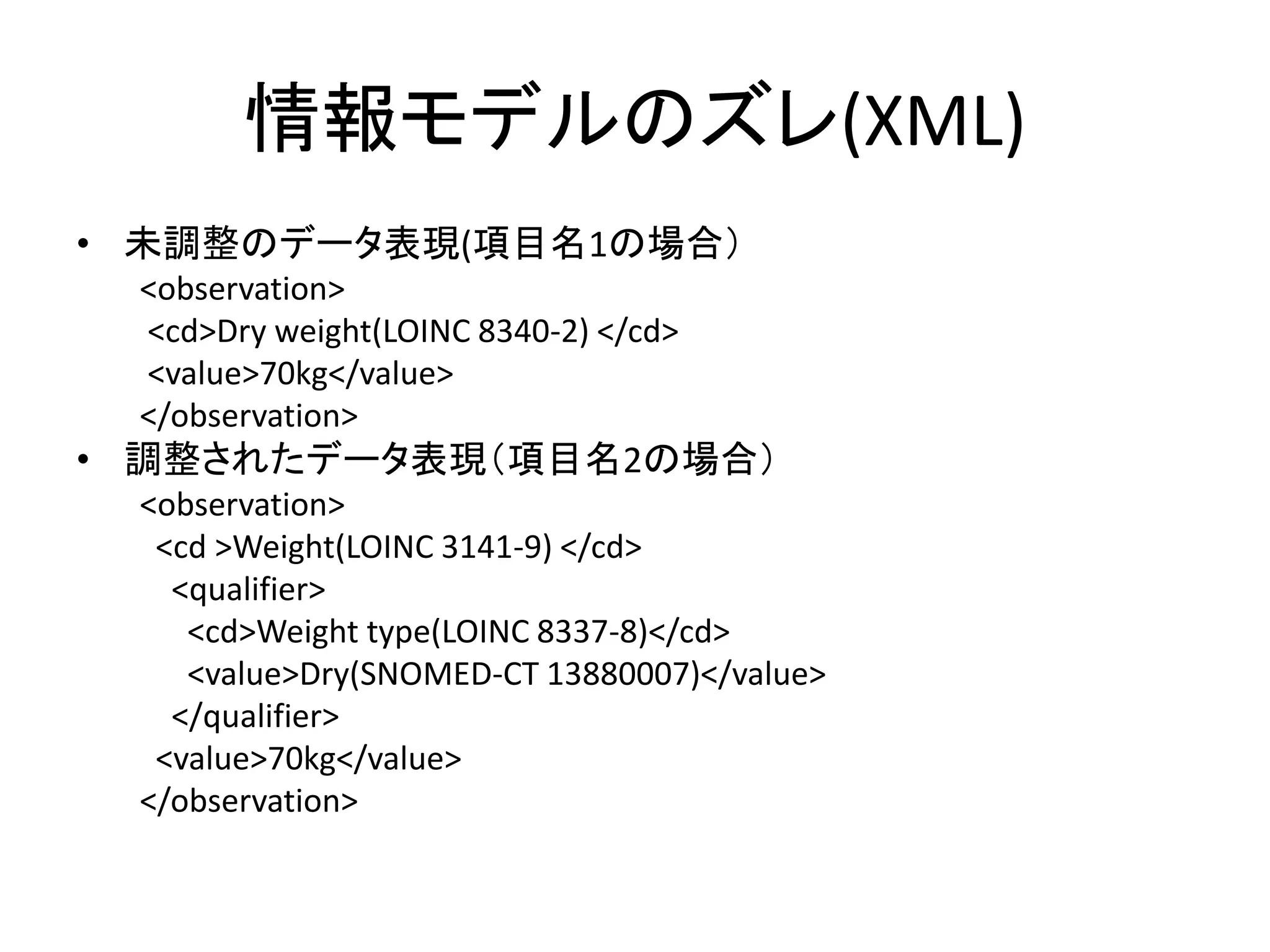 情報モデルのズレ(XML)
• 未調整のデータ表現(項目名1の場合）
<observation>
<cd>Dry weight(LOINC 8340-2) </cd>
<value>70kg</value>
</observation>
• 調整されたデータ表現（項目名2の場合）
<observation>
<cd >Weight(LOINC 3141-9) </cd>
<qualifier>
<cd>Weight type(LOINC 8337-8)</cd>
<value>Dry(SNOMED-CT 13880007)</value>
</qualifier>
<value>70kg</value>
</observation>
 