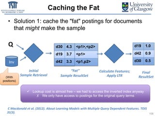 d30 4.3 <p1>,<p2>
d19 3.7 <p1>
d42 3.3 <p1,p2>
Caching the Fat
• Solution 1: cache the "fat" postings for documents
that might make the sample
Q
Initial
Sample Retrieval
d30 4.3
d19 3.7
d42 3.3
Calculate Features;
Apply LTR
d19 1.0
d42 0.9
d30 0.5
Sample ResultSet
“Fat” Final
ResultSet
Inv
C Macdonald et al. (2012). About Learning Models with Multiple Query Dependent Features. TOIS
31(3). 108
(With
positions)
 Lookup cost is almost free – we had to access the inverted index anyway
✗ We only have access to postings for the original query terms
 