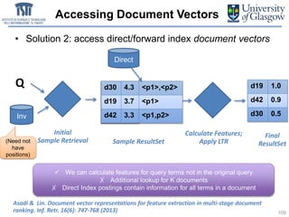 Accessing Document Vectors
• Solution 2: access direct/forward index document vectors
Q
Initial
Sample Retrieval
d30 4.3
d19 3.7
d42 3.3
Calculate Features;
Apply LTR
d19 1.0
d42 0.9
d30 0.5
Sample ResultSet
Final
ResultSet
Inv
Asadi & Lin. Document vector representations for feature extraction in multi-stage document
ranking. Inf. Retr. 16(6): 747-768 (2013) 109
(Need not
have
positions)
 We can calculate features for query terms not in the original query
✗ Additional lookup for K documents
✗ Direct Index postings contain information for all terms in a document
d30 4.3 <p1>,<p2>
d19 3.7 <p1>
d42 3.3 <p1,p2>
Direct
 