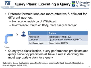 • Different formulations are more effective & efficient for
different queries:
– Homepage: match on Url/Title/Atext
– Informational: match on Body, more query expansion
• Query type classification, query performance predictors and
query efficiency predictors all have a role in deciding the
most appropriate plan for a query
Query Plans: Executing a Query
16
Q
Qplan
Q Q plan
halloween
costumes
(halloween ∊ U|B|T) ⋀
( {costume,costumes} ∊ A|U|B|T)
facebook login (facebook ∊ U|B|T)
Optimizing Query Evaluations using Reinforcement Learning for Web Search. Rosset et al,
Proceedings of SIGIR 2018.
 