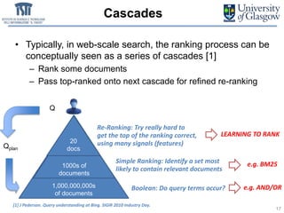 • Typically, in web-scale search, the ranking process can be
conceptually seen as a series of cascades [1]
– Rank some documents
– Pass top-ranked onto next cascade for refined re-ranking
1,000,000,000s
of documents
1000s of
documents
Cascades
17
20
docs
Boolean: Do query terms occur?
Simple Ranking: Identify a set most
likely to contain relevant documents
Re-Ranking: Try really hard to
get the top of the ranking correct,
using many signals (features)
LEARNING TO RANK
e.g. BM25
[1] J Pederson. Query understanding at Bing. SIGIR 2010 Industry Day.
e.g. AND/OR
Q
Qplan
 