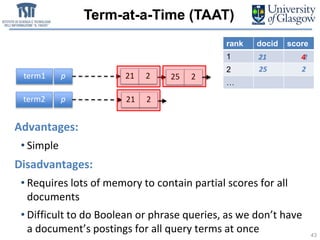 Term-at-a-Time (TAAT)
43
rank docid score
1
2
…
term1 p
term2 p
21 2
21 2
25 2
Advantages:
• Simple
Disadvantages:
• Requires lots of memory to contain partial scores for all
documents
• Difficult to do Boolean or phrase queries, as we don’t have
a document’s postings for all query terms at once
21 221 4
25 2
 