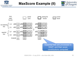 MaxScore Example (II)
65SIGIR 2018 — 8 July 2018 — Ann Arbor (MI), USA
Essential lists are processed in
DAAT, and their score
contributions computed
 