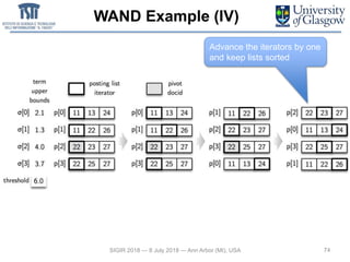 WAND Example (IV)
74SIGIR 2018 — 8 July 2018 — Ann Arbor (MI), USA
Advance the iterators by one
and keep lists sorted
 