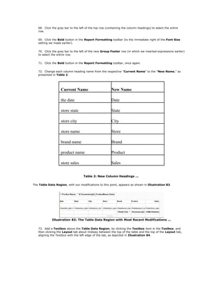 68. Click the gray bar to the left of the top row (containing the column headings) to select the entire
row.
69. Click the Bold button in the Report Formatting toolbar (to the immediate right of the Font Size
setting we made earlier).
70. Click the gray bar to the left of the new Group Footer row (in which we inserted expressions earlier)
to select the entire row.
71. Click the Bold button in the Report Formatting toolbar, once again.
72. Change each column heading name from the respective "Current Name" to the "New Name," as
presented in Table 2.
Current Name New Name
the date Date
store state State
store city City
store name Store
brand name Brand
product name Product
store sales Sales
Table 2: New Column Headings ...
The Table Data Region, with our modifications to this point, appears as shown in Illustration 83.
Illustration 83: The Table Data Region with Most Recent Modifications ...
73. Add a Textbox above the Table Data Region, by clicking the Textbox item in the Toolbox, and
then clicking the Layout tab about midway between the top of the table and the top of the Layout tab,
aligning the Textbox with the left edge of the tab, as depicted in Illustration 84.
 