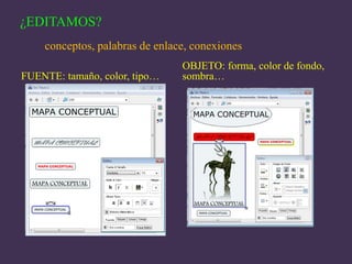 CREAR PROPOSICIONESpalabras-enlacecon el botón izquierdo cliqueamos sobre las flechas, arrastramos el ratón y cuando lo soltemos aparecerá una  nueva cajapresionamos con el botón izquierdo sobre el concepto que queremos enlazar