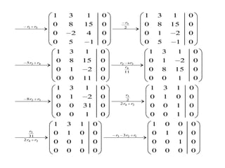 1   3           1       0                            1       3       1        0
                                                    r3
 r1     r3    0   8       15          0             2
                                                                   0       8       15       0
              0       2       4       0                            0       1        2       0
              0   5               1   0                            0       5        1       0
              1   3           1       0                            1           3       1        0
 5 r3    r4   0   8       15          0        r2        r3        0       1            2       0
                                                    r4
              0   1           2       0             11
                                                                   0       8       15           0
              0   0       11          0                            0       0           1        0
              1   3           1       0                                1       3    1       0
                                                    r3
 8 r2    r3   0   1           2       0             2
                                                                       0       1    0       0
                                               2 r4      r2
              0   0       31          0                                0       0    1       0
              0   0           1       0                                0       0    1       0
              1   3       1       0                                    1       0       0    0
   r3
   31
              0   1       0       0       r3    3 r2          r1
                                                                       0       1       0    0
2 r4 r2
              0   0       1       0                                    0       0       1    0
              0   0       0       0                                    0       0       0    0
 