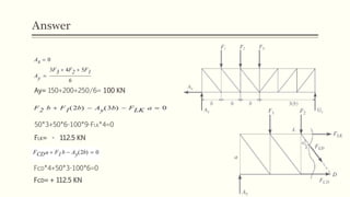 Answer
Ay= 150+200+250/6= 100 KN
50*3+50*6-100*9-FLK*4=0
FLK= - 112.5 KN
FcD*4+50*3-100*6=0
FcD= + 112.5 KN
 