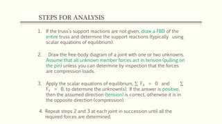 STEPS FOR ANALYSIS
1. If the truss’s support reactions are not given, draw a FBD of the
entire truss and determine the support reactions (typically using
scalar equations of equilibrium).
2. Draw the free-body diagram of a joint with one or two unknowns.
Assume that all unknown member forces act in tension (pulling on
the pin) unless you can determine by inspection that the forces
are compression loads.
3. Apply the scalar equations of equilibrium,  FX = 0 and 
FY = 0, to determine the unknown(s). If the answer is positive,
then the assumed direction (tension) is correct, otherwise it is in
the opposite direction (compression).
4. Repeat steps 2 and 3 at each joint in succession until all the
required forces are determined.
 