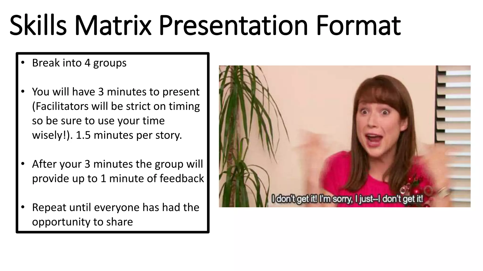 Skills Matrix Presentation Format
• Break into 4 groups
• You will have 3 minutes to present
(Facilitators will be strict on timing
so be sure to use your time
wisely!). 1.5 minutes per story.
• After your 3 minutes the group will
provide up to 1 minute of feedback
• Repeat until everyone has had the
opportunity to share
 