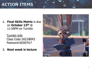 10
1. Final Skills Matrix is due
on October 13th @
11:59PM on Turnitin
Turnitin Info
Class Code:16218043
Password:t02t07t17
2. Next week is lecture
 