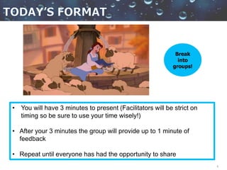 6
• You will have 3 minutes to present (Facilitators will be strict on
timing so be sure to use your time wisely!)
• After your 3 minutes the group will provide up to 1 minute of
feedback
• Repeat until everyone has had the opportunity to share
Break
into
groups!
 
