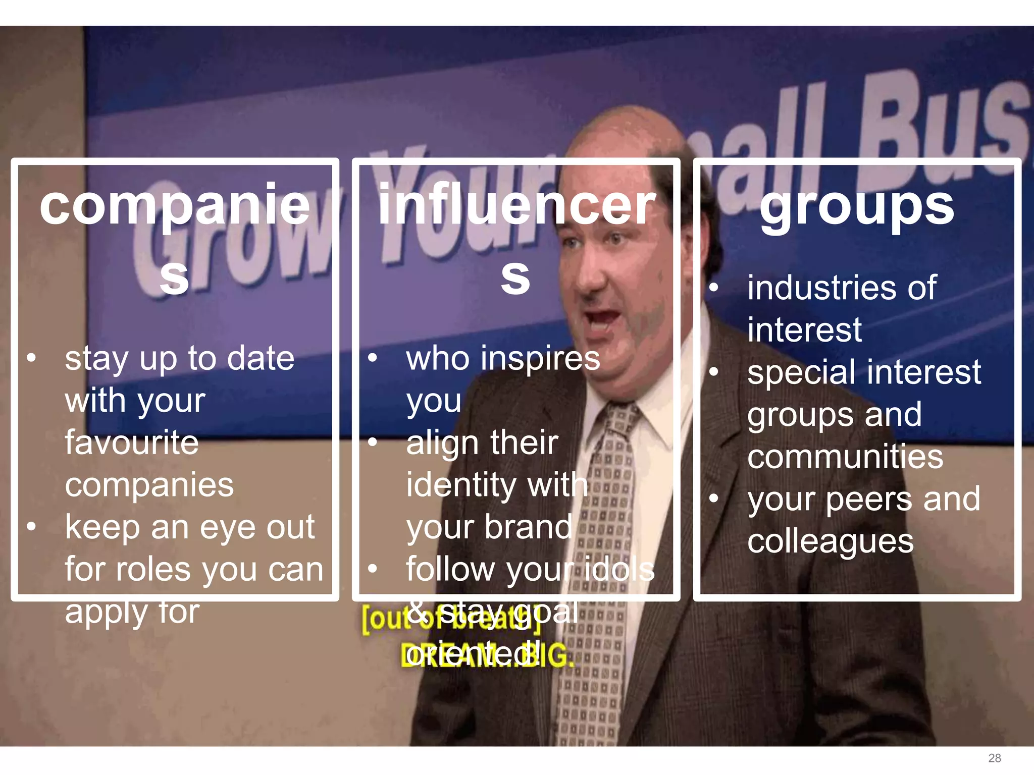 LastModified2017-06-2110:13PMPacificStandardTimePrinted
28
companie
s
• stay up to date
with your
favourite
companies
• keep an eye out
for roles you can
apply for
influencer
s
• who inspires
you
• align their
identity with
your brand
• follow your idols
& stay goal
oriented!
groups
• industries of
interest
• special interest
groups and
communities
• your peers and
colleagues
 