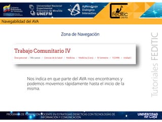 PROGRAMA DE FORMACIÓN DOCENTE EN ESTRATEGIAS DIDÁCTICAS CON TECNOLOGÍAS DE
INFORMACIÓN Y COMUNICACIÓN
TutorialesFEDITIC
Navegabilidad del AVA
Zona de Navegación
Nos indica en que parte del AVA nos encontramos y
podemos movernos rápidamente hasta el inicio de la
misma.