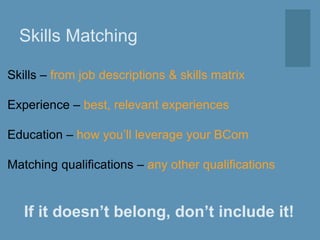 Skills Matching
Skills – from job descriptions & skills matrix
Experience – best, relevant experiences
Education – how you’ll leverage your BCom
Matching qualifications – any other qualifications
If it doesn’t belong, don’t include it!
 