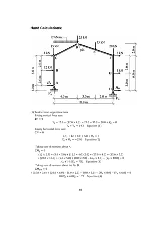 16
Hand Calculations:
(1) To determine support reactions
Taking vertical force sum:
𝚺𝑉 = 𝟎
𝑉𝐴 − 15.0 − (12.0 × 4.0) − 25.0 − 35.0 − 20.0 + 𝑉𝐻 = 0
𝑉𝐴 + V𝐻 = 143 Equation (1)
Taking horizontal force sum:
Σ𝐻 = 0
+𝐻𝐴 + 12 + 8.0 + 5.0 + 𝐻𝐻 = 0
𝐻𝐴 + 𝐻𝐻 = −25.0 𝐸𝑞𝑢𝑎𝑡𝑖𝑜𝑛 (2)
Taking sum of moments about A:
Σ𝑀𝐴 = 0
(12 × 2.5) + (8.0 × 5.0) + (12.0 × 4.0)(2.0) + (25.0 × 4.0) + (35.0 × 7.0)
+(20.0 × 10.0) + (5.0 × 5.0) + (8.0 × 2.0) − (𝐻𝐻 × 1.0) − (𝑉𝐻 × 10.0) = 0
𝐻𝐻 + 10.0𝑉𝐻 = 752 𝐸𝑞𝑢𝑎𝑡𝑖𝑜𝑛 (3)
Taking sum of moments about the Pin D:
Σ𝑀𝑝𝑖𝑛 = 0
+(35.0 × 3.0) + (20.0 × 6.0) − (5.0 × 2.0) − (8.0 × 5.0) − (𝐻𝐻 × 8.0) − (𝑉𝐻 × 6.0) = 0
8.0𝐻𝐻 + 6.0𝑉𝐻 = 175 𝐸𝑞𝑢𝑎𝑡𝑖𝑜𝑛 (4)
 