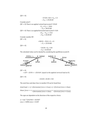 19
(Σ𝐻 = 0)
−37.30 + 8.0 + 𝐹12 = 0
∴ 𝐹12 = 29.30 𝑘𝑁
Consider joint F:
(Σ𝑉 = 0) There is an applied vertical load at joint F=20 kN
𝐹11 + 𝐹9 = −20.0
∴ 𝐹9 = 58.93 kN
(Σ𝐻 = 0) There is an applied horizontal load at joint F=5 kN
+𝐹12 − F10 = +5.0
∴ 𝐹10 = 24.30 𝑘𝑁
Consider member DF:
(Σ𝑉 = 0)
+58.93 − 35.0 + 𝐹7 = 0
∴ 𝐹7 = 23.93 kN
(Σ𝐻 = 0)
−24.30 + 𝐹8 = 0.0
∴ 𝐹8 = 24.30 𝑘𝑁
The calculated values can be checked by considering the equilibrium at joint D.
(Σ𝑉 = 0)
−1.07 − 23.93 = −25.0 𝑘𝑁 (𝑒𝑞𝑢𝑎𝑙 𝑡𝑜 𝑡ℎ𝑒 𝑎𝑝𝑝𝑙𝑖𝑒𝑑 𝑣𝑒𝑟𝑡𝑖𝑐𝑎𝑙 𝑙𝑜𝑎𝑑 𝑎𝑡 𝐷)
(Σ𝐻 = 0)
−24.30 + 24.30 = 0.0
The axial force and shear force in member CD can be found from:
𝐴𝑥𝑖𝑎𝑙 𝑙𝑜𝑎𝑑 = +/−(𝐻𝑜𝑟𝑖𝑧𝑜𝑛𝑡𝑎𝑙 𝑓𝑜𝑟𝑐𝑒 × 𝐶𝑜𝑠𝛼) +/−(𝑉𝑒𝑟𝑡𝑖𝑐𝑎𝑙 𝑓𝑜𝑟𝑐𝑒 × 𝑆𝑖𝑛𝛼)
𝑆ℎ𝑒𝑎𝑟 𝑓𝑜𝑟𝑐𝑒 = +
−(𝐻𝑜𝑟𝑖𝑧𝑜𝑛𝑡𝑎𝑙 𝑓𝑜𝑟𝑐𝑒 × 𝑆𝑖𝑛𝛼)
+
−(𝑉𝑒𝑟𝑡𝑖𝑐𝑎𝑙 𝑓𝑜𝑟𝑐𝑒 × 𝐶𝑜𝑠𝛼)
The signs are dependent on the directions of the respective forces.
𝛼 = tan−1(2.0 4.0
⁄ ) = 26.565°
cos 𝛼 = 0.894; sin 𝛼 = 0.447
 