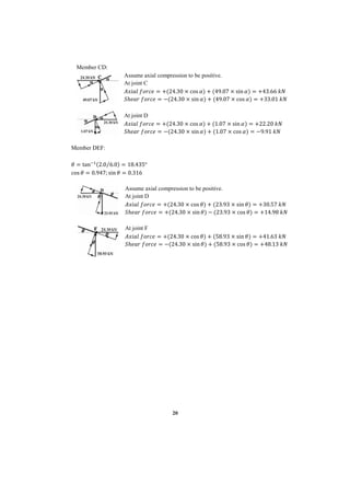 20
Member CD:
Assume axial compression to be positive.
At joint C
𝐴𝑥𝑖𝑎𝑙 𝑓𝑜𝑟𝑐𝑒 = +(24.30 × cos 𝛼) + (49.07 × sin 𝛼) = +43.66 𝑘𝑁
𝑆ℎ𝑒𝑎𝑟 𝑓𝑜𝑟𝑐𝑒 = −(24.30 × sin 𝛼) + (49.07 × cos 𝛼) = +33.01 𝑘𝑁
At joint D
𝐴𝑥𝑖𝑎𝑙 𝑓𝑜𝑟𝑐𝑒 = +(24.30 × cos 𝛼) + (1.07 × sin 𝛼) = +22.20 𝑘𝑁
𝑆ℎ𝑒𝑎𝑟 𝑓𝑜𝑟𝑐𝑒 = −(24.30 × sin 𝛼) + (1.07 × cos 𝛼) = −9.91 𝑘𝑁
Member DEF:
𝜃 = tan−1(2.0 6.0
⁄ ) = 18.435°
cos 𝜃 = 0.947; sin 𝜃 = 0.316
Assume axial compression to be positive.
At joint D
𝐴𝑥𝑖𝑎𝑙 𝑓𝑜𝑟𝑐𝑒 = +(24.30 × cos 𝜃) + (23.93 × sin 𝜃) = +30.57 𝑘𝑁
𝑆ℎ𝑒𝑎𝑟 𝑓𝑜𝑟𝑐𝑒 = +(24.30 × sin 𝜃) − (23.93 × cos 𝜃) = +14.98 𝑘𝑁
At joint F
𝐴𝑥𝑖𝑎𝑙 𝑓𝑜𝑟𝑐𝑒 = +(24.30 × cos 𝜃) + (58.93 × sin 𝜃) = +41.63 𝑘𝑁
𝑆ℎ𝑒𝑎𝑟 𝑓𝑜𝑟𝑐𝑒 = −(24.30 × sin 𝜃) + (58.93 × cos 𝜃) = +48.13 𝑘𝑁
 