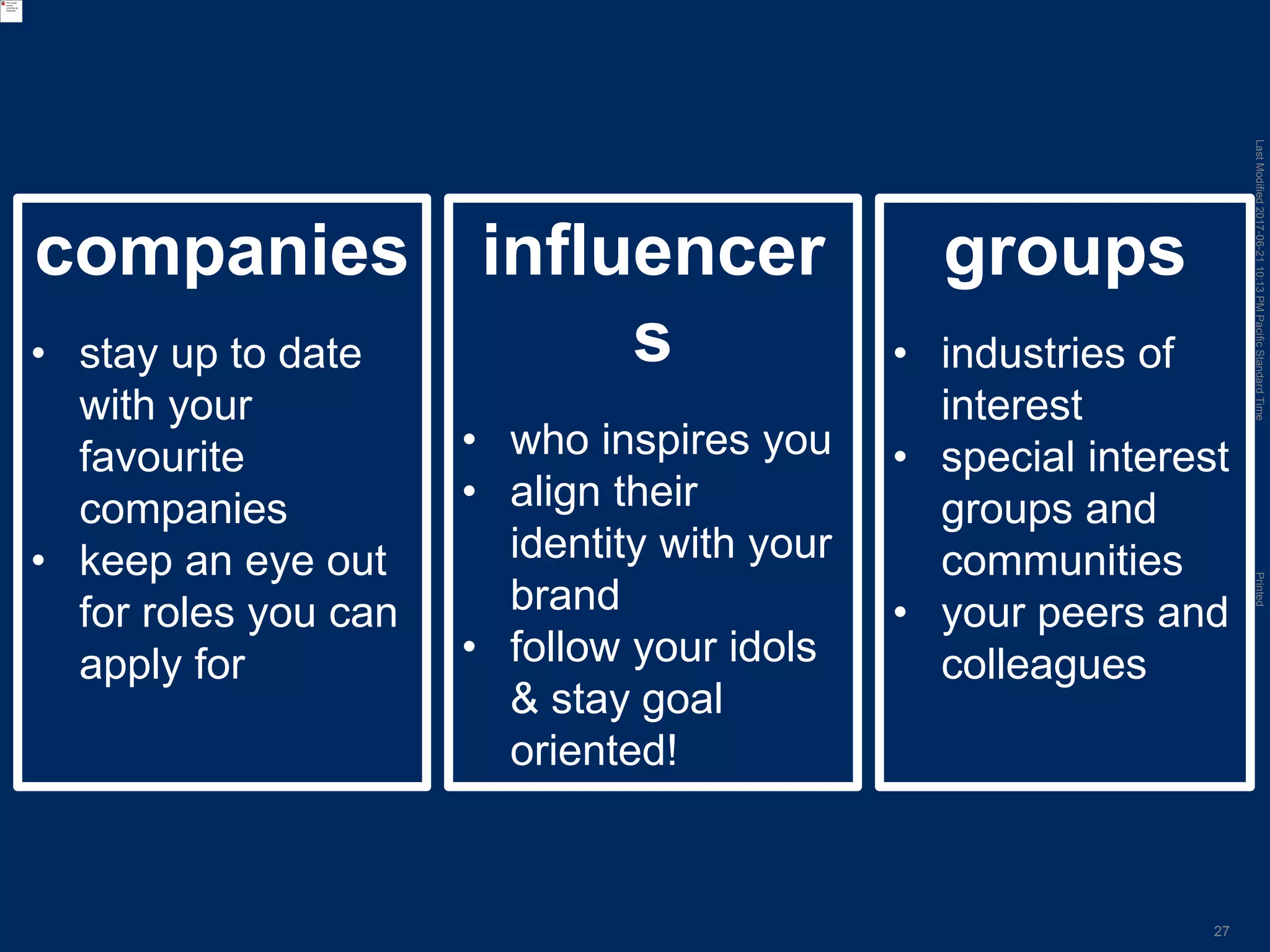 LastModified2017-06-2110:13PMPacificStandardTimePrinted
27
companies
• stay up to date
with your
favourite
companies
• keep an eye out
for roles you can
apply for
influencer
s
• who inspires you
• align their
identity with your
brand
• follow your idols
& stay goal
oriented!
groups
• industries of
interest
• special interest
groups and
communities
• your peers and
colleagues
 