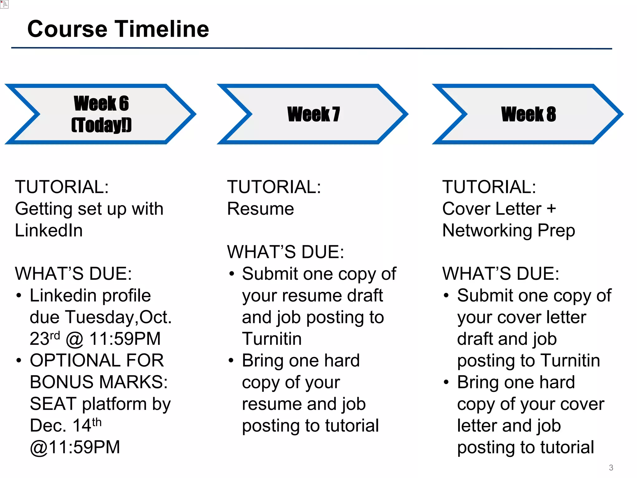 3
Course Timeline
Week 6
(Today!)
Week 7 Week 8
TUTORIAL:
Getting set up with
LinkedIn
WHAT’S DUE:
• Linkedin profile
due Tuesday,Oct.
23rd @ 11:59PM
• OPTIONAL FOR
BONUS MARKS:
SEAT platform by
Dec. 14th
@11:59PM
TUTORIAL:
Resume
WHAT’S DUE:
• Submit one copy of
your resume draft
and job posting to
Turnitin
• Bring one hard
copy of your
resume and job
posting to tutorial
TUTORIAL:
Cover Letter +
Networking Prep
WHAT’S DUE:
• Submit one copy of
your cover letter
draft and job
posting to Turnitin
• Bring one hard
copy of your cover
letter and job
posting to tutorial
 