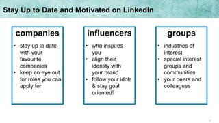 27
companies
• stay up to date
with your
favourite
companies
• keep an eye out
for roles you can
apply for
influencers
• who inspires
you
• align their
identity with
your brand
• follow your idols
& stay goal
oriented!
groups
• industries of
interest
• special interest
groups and
communities
• your peers and
colleagues
Stay Up to Date and Motivated on LinkedIn
 
