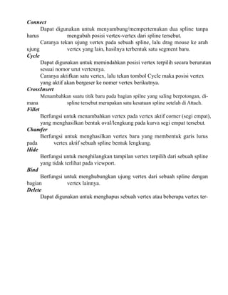 Connect
Dapat digunakan untuk menyambung/mempertemukan dua spline tanpa
harus
mengubah posisi vertex-vertex dari spline tersebut.
Caranya tekan ujung vertex pada sebuah spline, lalu drag mouse ke arah
ujung
vertex yang lain, hasilnya terbentuk satu segment baru.
Cycle
Dapat digunakan untuk memindahkan posisi vertex terpilih secara berurutan
sesuai nomor urut vertexnya.
Caranya aktifkan satu vertex, lalu tekan tombol Cycle maka posisi vertex
yang aktif akan bergeser ke nomer vertex berikutnya.
CrossInsert
Menambahkan suatu titik baru pada bagian spilne yang saling berpotongan, dimana
spline tersebut merupakan satu kesatuan spline setelah di Attach.

Fillet

Berfungsi untuk menambahkan vertex pada vertex aktif corner (segi empat),
yang menghasilkan bentuk oval/lengkung pada kurva segi empat tersebut.
Chamfer
Berfungsi untuk menghasilkan vertex baru yang membentuk garis lurus
pada
vertex aktif sebuah spline bentuk lengkung.
Hide
Berfungsi untuk menghilangkan tampilan vertex terpilih dari sebuah spline
yang tidak terlihat pada viewport.
Bind
Berfungsi untuk menghubungkan ujung vertex dari sebuah spline dengan
bagian
vertex lainnya.
Delete
Dapat digunakan untuk menghapus sebuah vertex atau beberapa vertex ter-

 