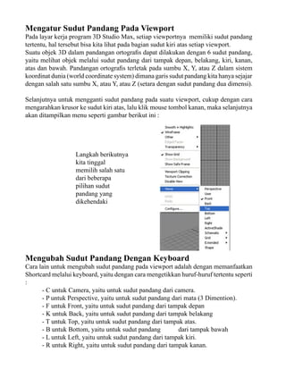 Mengatur Sudut Pandang Pada Viewport

Pada layar kerja program 3D Studio Max, setiap viewportnya memiliki sudut pandang
tertentu, hal tersebut bisa kita lihat pada bagian sudut kiri atas setiap viewport.
Suatu objek 3D dalam pandangan ortografis dapat dilakukan dengan 6 sudut pandang,
yaitu melihat objek melalui sudut pandang dari tampak depan, belakang, kiri, kanan,
atas dan bawah. Pandangan ortografis terletak pada sumbu X, Y, atau Z dalam sistem
koordinat dunia (world coordinate system) dimana garis sudut pandang kita hanya sejajar
dengan salah satu sumbu X, atau Y, atau Z (setara dengan sudut pandang dua dimensi).
Selanjutnya untuk mengganti sudut pandang pada suatu viewport, cukup dengan cara
mengarahkan krusor ke sudut kiri atas, lalu klik mouse tombol kanan, maka selanjutnya
akan ditampilkan menu seperti gambar berikut ini :

Langkah berikutnya
kita tinggal
memilih salah satu
dari beberapa
pilihan sudut
pandang yang
dikehendaki

Mengubah Sudut Pandang Dengan Keyboard

Cara lain untuk mengubah sudut pandang pada viewport adalah dengan memanfaatkan
Shortcard melalui keyboard, yaitu dengan cara mengetikkan huruf-huruf tertentu seperti
:
- C untuk Camera, yaitu untuk sudut pandang dari camera.
- P untuk Perspective, yaitu untuk sudut pandang dari mata (3 Dimention).
- F untuk Front, yaitu untuk sudut pandang dari tampak depan
- K untuk Back, yaitu untuk sudut pandang dari tampak belakang
- T untuk Top, yaitu untuk sudut pandang dari tampak atas.
- B untuk Bottom, yaitu untuk sudut pandang
dari tampak bawah
- L untuk Left, yaitu untuk sudut pandang dari tampak kiri.
- R untuk Right, yaitu untuk sudut pandang dari tampak kanan.

 