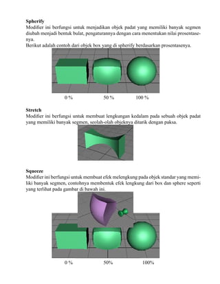 Spherify
Modifier ini berfungsi untuk menjadikan objek padat yang memiliki banyak segmen
diubah menjadi bentuk bulat, pengaturannya dengan cara menentukan nilai prosentasenya.
Berikut adalah contoh dari objek box yang di spherify berdasarkan prosentasenya.

0%

50 %

100 %

Stretch
Modifier ini berfungsi untuk membuat lengkungan kedalam pada sebuah objek padat
yang memiliki banyak segmen, seolah-olah objeknya ditarik dengan paksa.

Squeeze
Modifier ini berfungsi untuk membuat efek melengkung pada objek standar yang memiliki banyak segmen, contohnya membentuk efek lengkung dari box dan sphere seperti
yang terlihat pada gambar di bawah ini.

0%

50%

100%

 