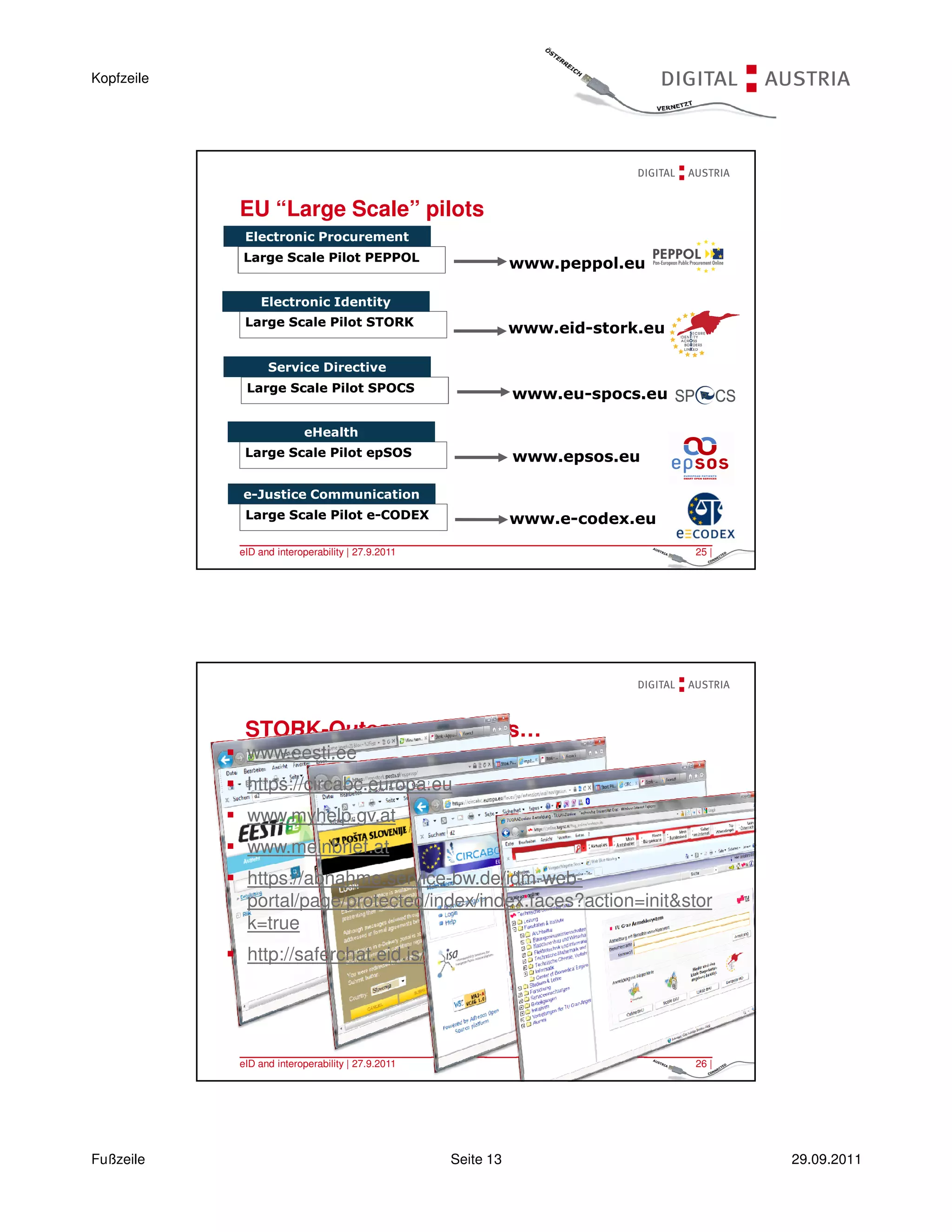Kopfzeile




            EU “Large Scale” pilots
             Electronic Procurement
            Large Scale Pilot PEPPOL
                                                              www.peppol.eu

                Electronic Identity
             Large Scale Pilot STORK
                                                              www.eid-stork.eu

                  Service Directive
             Large Scale Pilot SPOCS
                                                              www.eu-spocs.eu

                          eHealth
             Large Scale Pilot epSOS                          www.epsos.eu

            e-Justice Communication
             Large Scale Pilot e-CODEX                        www.e-codex.eu

            eID and interoperability | 27.9.2011                                 25 |




             STORK-Outcome: it works…
             www.eesti.ee
             https://circabc.europa.eu
             www.myhelp.gv.at
             www.meinbrief.at
             https://abnahme.service-bw.de/idm-web-
             portal/page/protected/index/index.faces?action=init&stor
             k=true
             http://saferchat.eid.is/




            eID and interoperability | 27.9.2011                                 26 |




Fußzeile                                           Seite 13                             29.09.2011
 