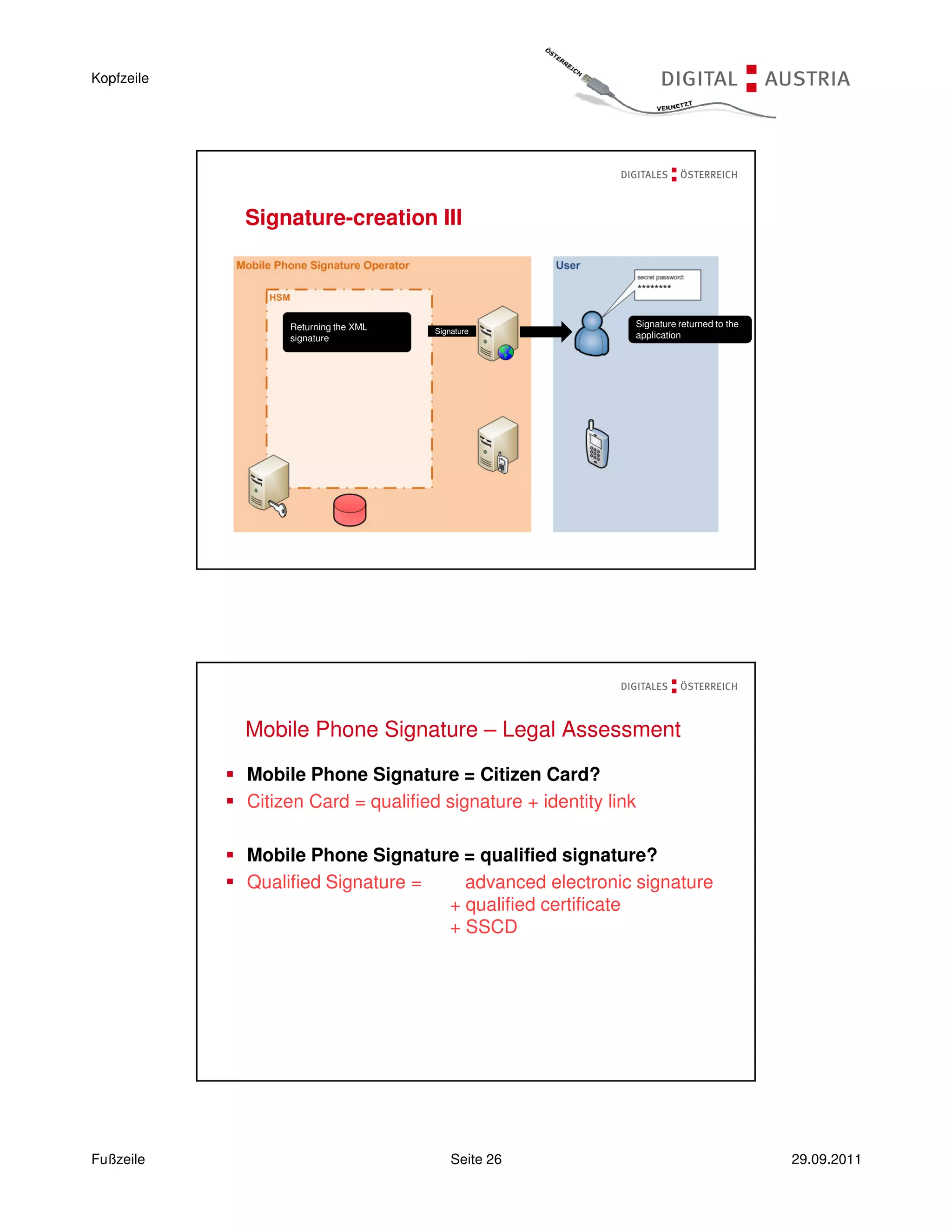 Kopfzeile




            Signature-creation III



                 Returning the XML                           Signature returned to the
                                     Signature
                 signature                                   application




            Mobile Phone Signature – Legal Assessment

            Mobile Phone Signature = Citizen Card?
            Citizen Card = qualified signature + identity link

            Mobile Phone Signature = qualified signature?
            Qualified Signature =   advanced electronic signature
                                  + qualified certificate
                                  + SSCD




Fußzeile                                 Seite 26                                        29.09.2011
 