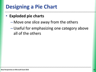 Designing a Pie Chart                        XP


      • Exploded pie charts
         – Move one slice away from the others
         – Useful for emphasizing one category above
           all of the others




New Perspectives on Microsoft Excel 2010                13
 