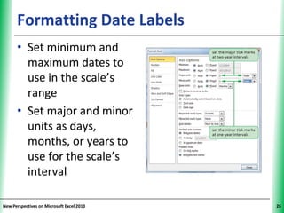 Formatting Date Labels               XP


      • Set minimum and
        maximum dates to
        use in the scale’s
        range
      • Set major and minor
        units as days,
        months, or years to
        use for the scale’s
        interval

New Perspectives on Microsoft Excel 2010        26
 